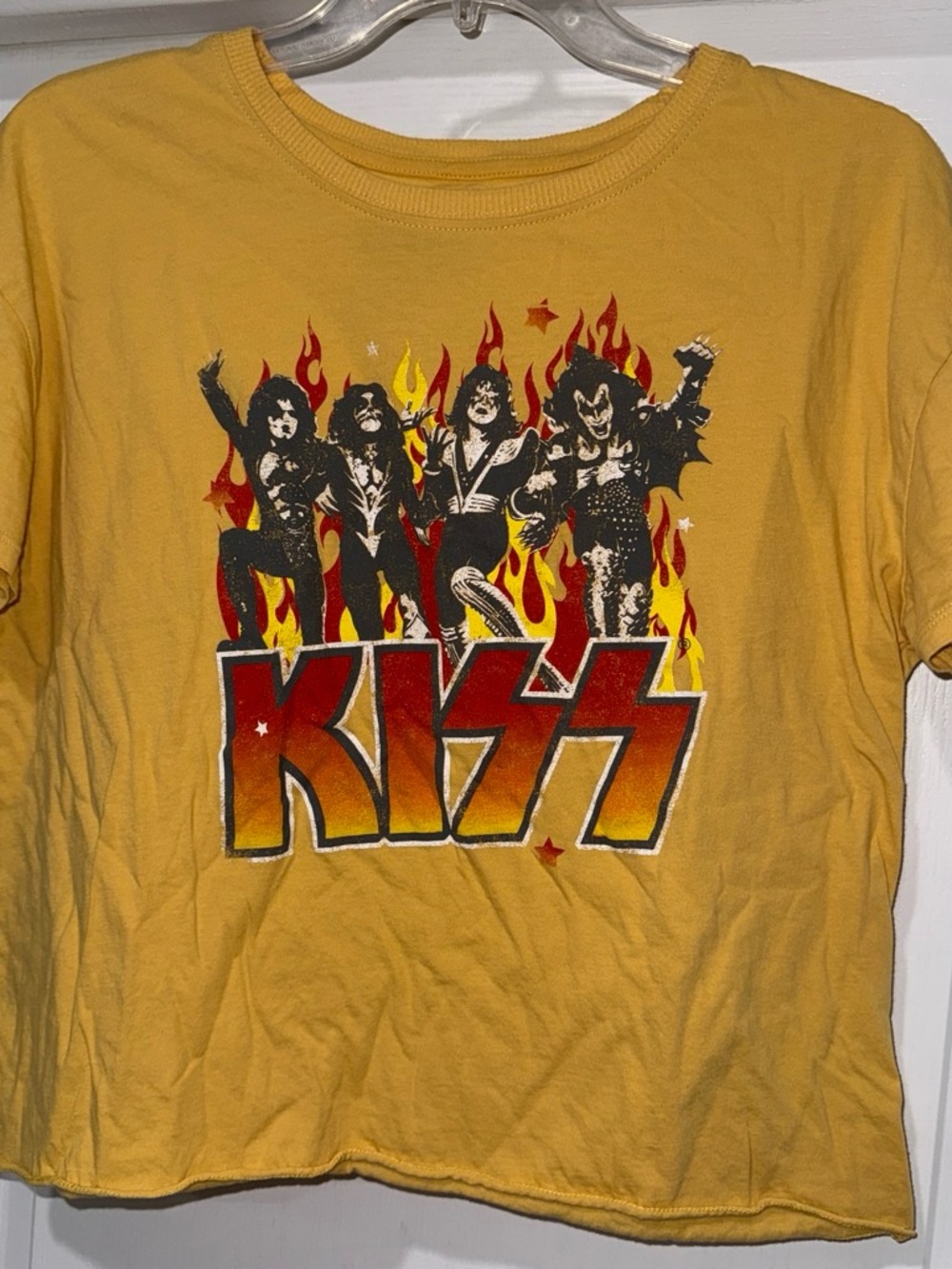 Official KISS Graphic Crop Top - Mustard Yellow Band Tee (Size XL)